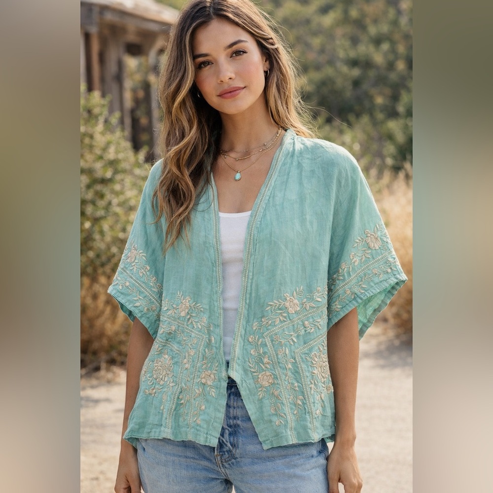 Johnny Was Linen Seafoam Mint Green Embroidered Pop Over Kimono Short Sleeve